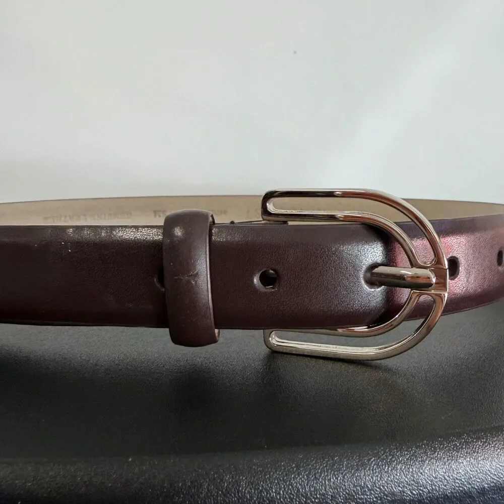 Nine West Dark Brown Genuine Leather Belt Women’s S/M Silver Double Loop Buckle